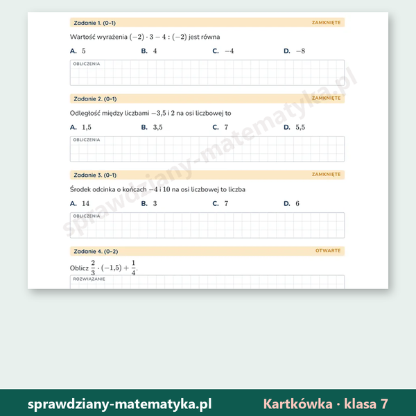 Działania i oś liczbowa — kartkówka, klasa 7 — fragment arkusza grupy A z zadaniami