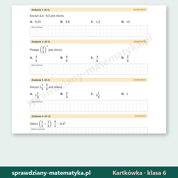 Działania na ułamkach — kartkówka, klasa 6 — fragment arkusza grupy A z zadaniami