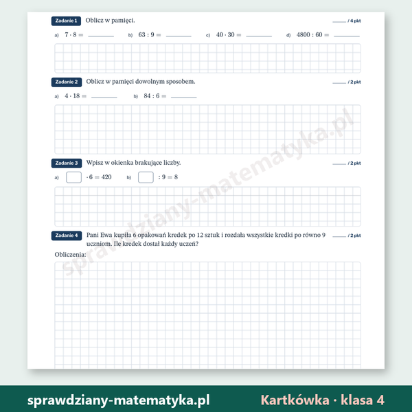 Mnożenie i dzielenie w pamięci — kartkówka, klasa 4 — fragment arkusza grupy A z zadaniami