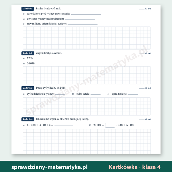 System dziesiątkowy (wariant 2) — kartkówka, klasa 4 — fragment arkusza grupy A z zadaniami