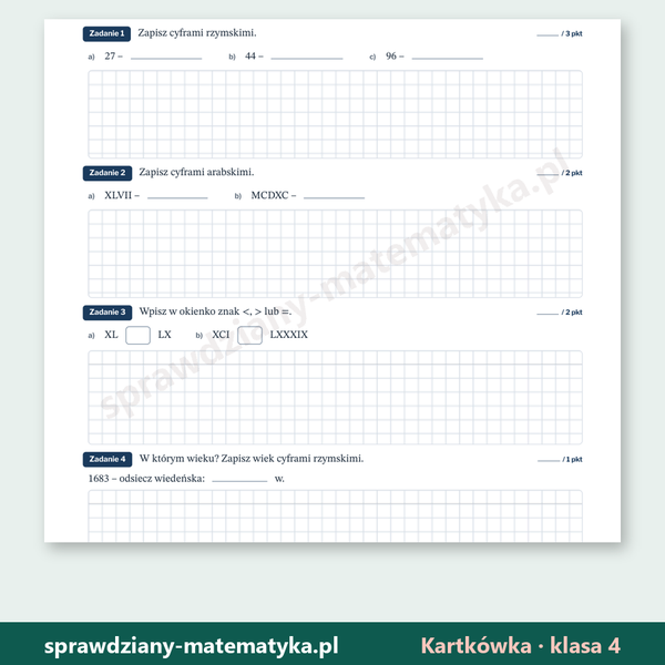 System rzymski — kartkówka, klasa 4 — fragment arkusza grupy A z zadaniami