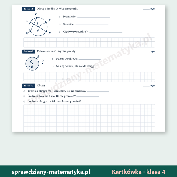 Koło i okrąg — kartkówka, klasa 4 — fragment arkusza grupy A z zadaniami