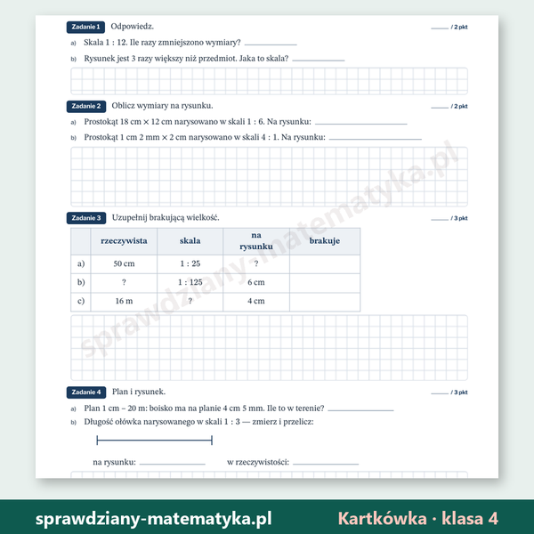 Skala i plan — kartkówka, klasa 4 — fragment arkusza grupy A z zadaniami