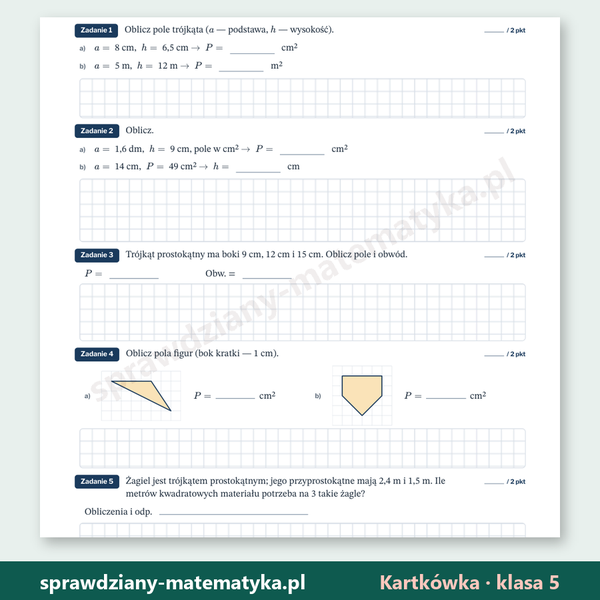 Pole trójkąta — kartkówka, klasa 5 — fragment arkusza grupy A z zadaniami