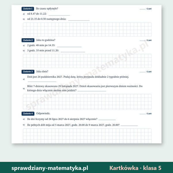 Kalendarz i zegar — kartkówka, klasa 5 — fragment arkusza grupy A z zadaniami