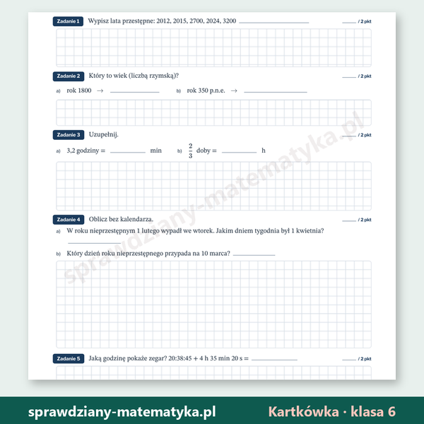 Kalendarz i czas — kartkówka, klasa 6 — fragment arkusza grupy A z zadaniami