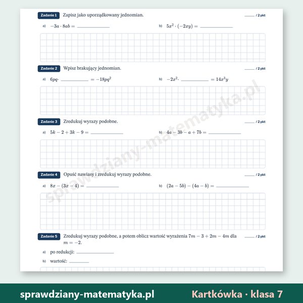 Jednomiany i sumy algebraiczne — kartkówka, klasa 7 — fragment arkusza grupy A z zadaniami