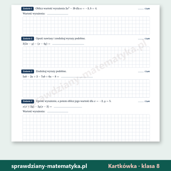 Wyrażenia algebraiczne — kartkówka, klasa 8 — fragment arkusza grupy A z zadaniami