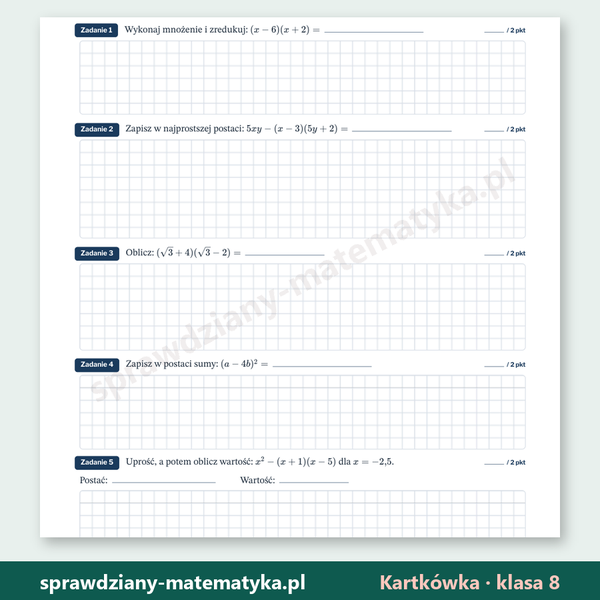 Mnożenie sum — kartkówka, klasa 8 — fragment arkusza grupy A z zadaniami