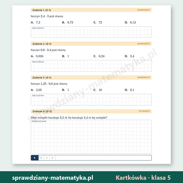 Mnożenie ułamków dziesiętnych — kartkówka, klasa 5 — fragment arkusza grupy A z zadaniami