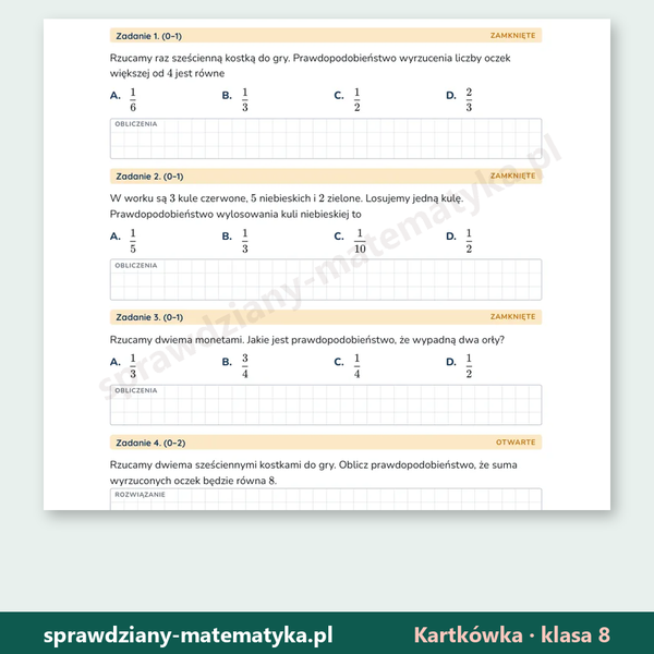 Obliczanie prawdopodobieństw — kartkówka, klasa 8 — fragment arkusza grupy A z zadaniami