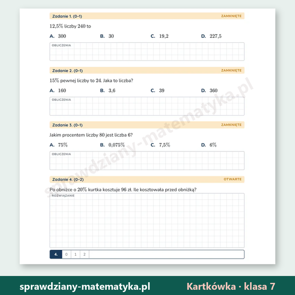 Obliczenia procentowe — kartkówka, klasa 7 — fragment arkusza grupy A z zadaniami