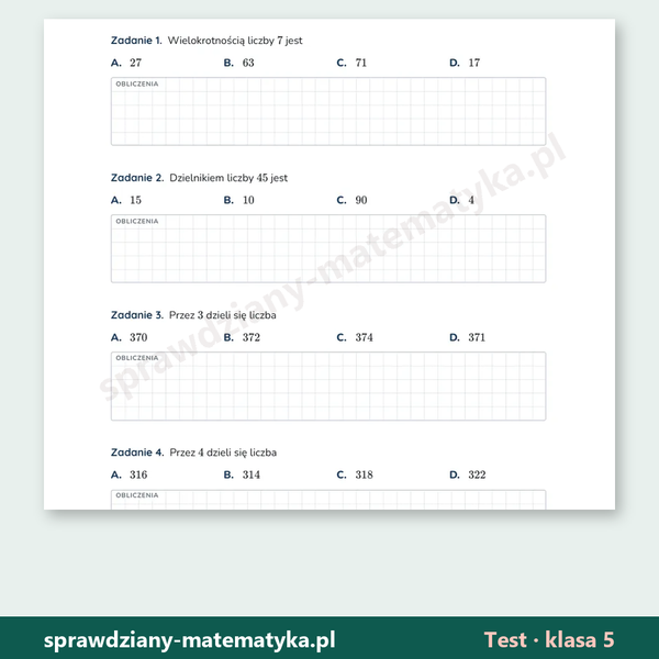 Podzielność liczb — test, klasa 5 — fragment arkusza grupy A z zadaniami
