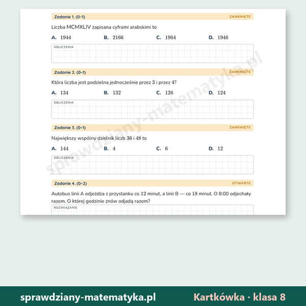 Podzielność, NWD i NWW — kartkówka, klasa 8 — fragment arkusza grupy A z zadaniami