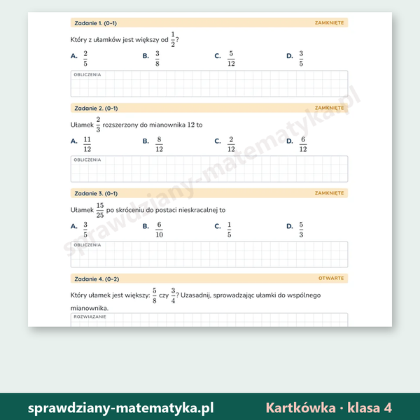 Porównywanie i skracanie ułamków — kartkówka, klasa 4 — fragment arkusza grupy A z zadaniami