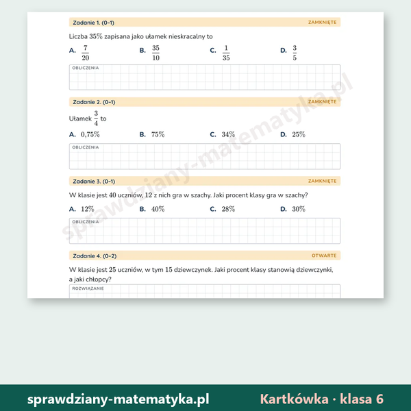 Procenty i ułamki — kartkówka, klasa 6 — fragment arkusza grupy A z zadaniami