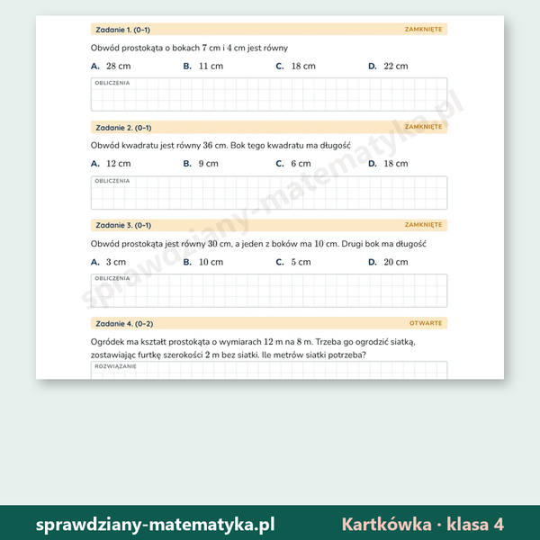 Prostokąty, kwadraty, obwody — kartkówka, klasa 4 — fragment arkusza grupy A z zadaniami