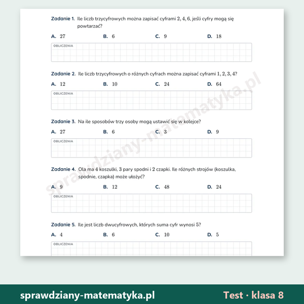 Rachunek prawdopodobieństwa — test, klasa 8 — fragment arkusza grupy A z zadaniami