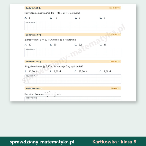 Równania i proporcje — kartkówka, klasa 8 — fragment arkusza grupy A z zadaniami