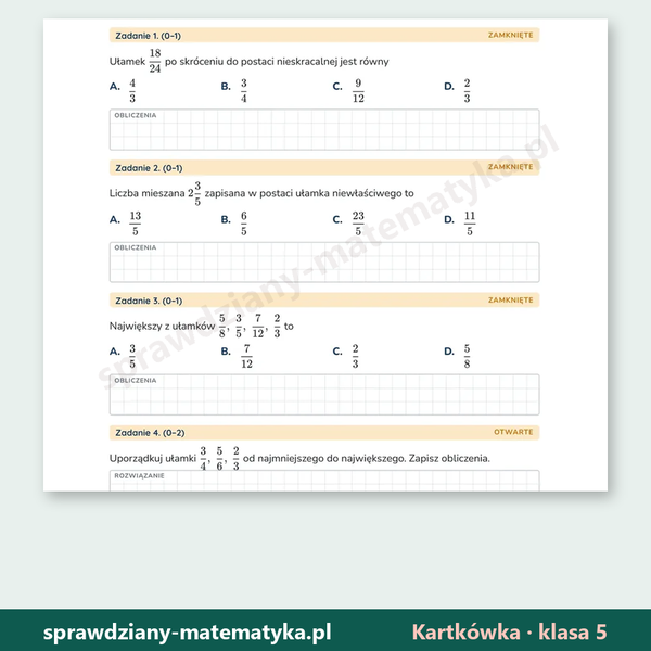 Pierwsza strona arkusza grupy A — Skracanie i porównywanie ułamków — kartkówka, klasa 5