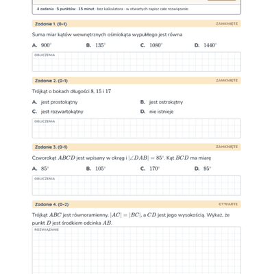 Dowody w geometrii — kartkówka, liceum klasa 4 — pierwsza strona arkusza grupy A