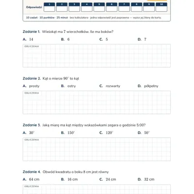 Pierwsza strona arkusza grupy A — Figury geometryczne — test, klasa 4