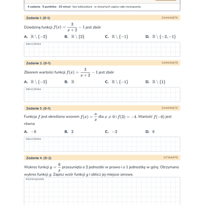 Funkcja f(x) = a/x i jej przesunięcia — kartkówka, liceum klasa 2 — pierwsza strona arkusza grupy A