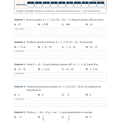 Geometria analityczna — test, liceum klasa 3 — pierwsza strona arkusza grupy A