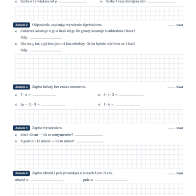 Wyrażenia algebraiczne (wariant 2) — kartkówka, klasa 6 — pierwsza strona arkusza grupy A