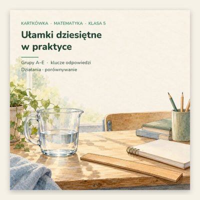 Ułamki dziesiętne — kartkówka z matematyki, klasa 5, grupy A–E — okładka