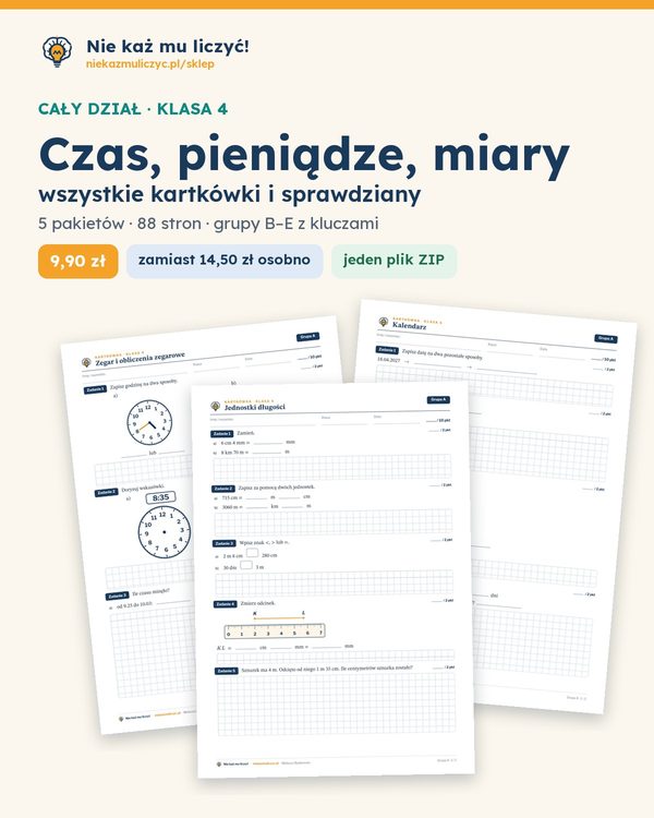 Okładka: Czas, pieniądze, miary — cały dział, klasa 4 (5 pakietów)