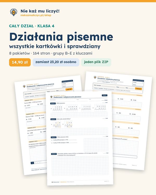 Okładka: Działania pisemne — cały dział, klasa 4 (8 pakietów)