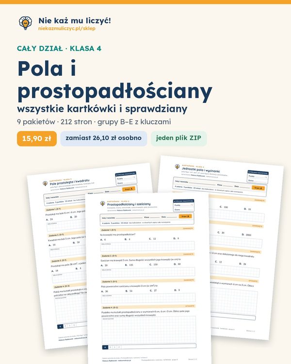 Okładka: Pola i prostopadłościany — cały dział, klasa 4 (9 pakietów)