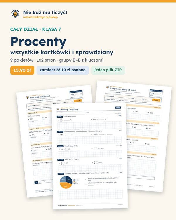 Okładka: Procenty — cały dział, klasa 7 (9 pakietów)