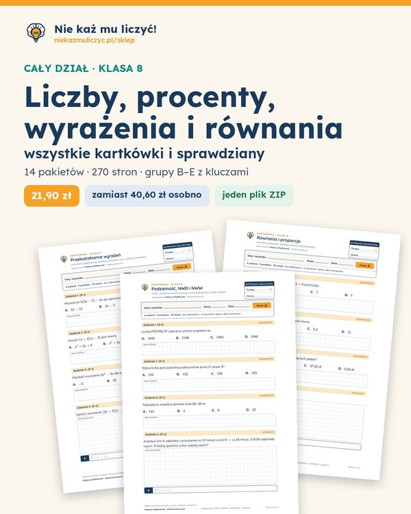 Okładka: Liczby, procenty, równania — cały dział, kl. 8 (14 pakietów)