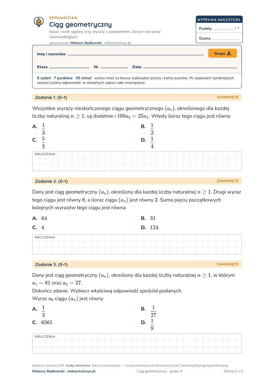 Ciąg geometryczny — sprawdzian, liceum klasa 3 — pierwsza strona arkusza grupy A