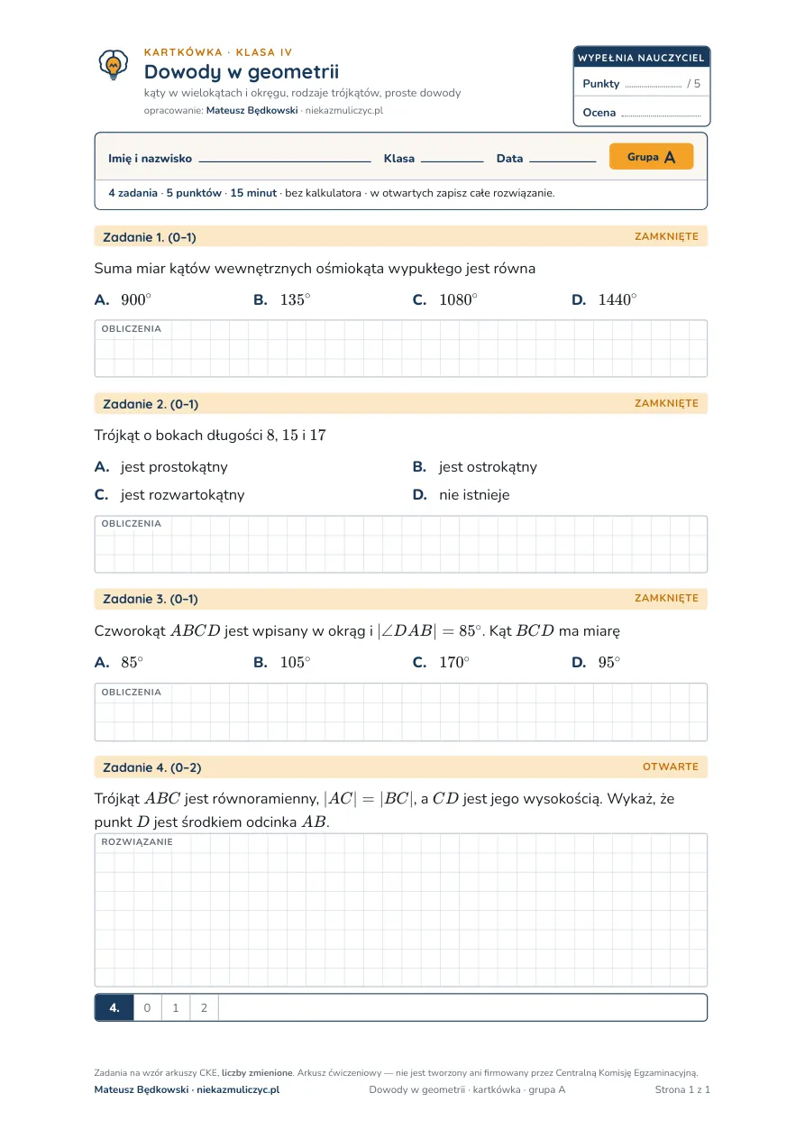 Dowody w geometrii — kartkówka, liceum klasa 4 — pierwsza strona arkusza grupy A
