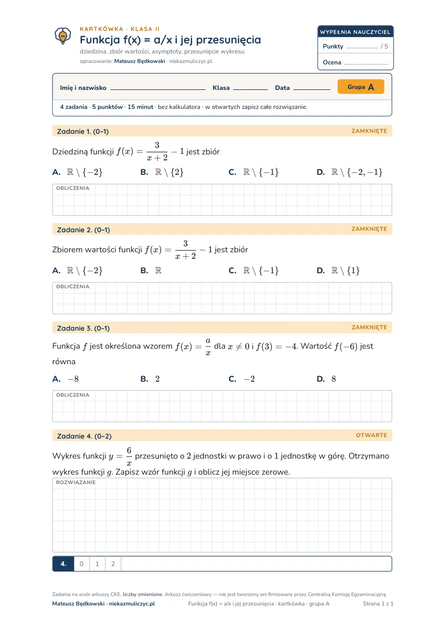 Funkcja f(x) = a/x i jej przesunięcia — kartkówka, liceum klasa 2 — pierwsza strona arkusza grupy A
