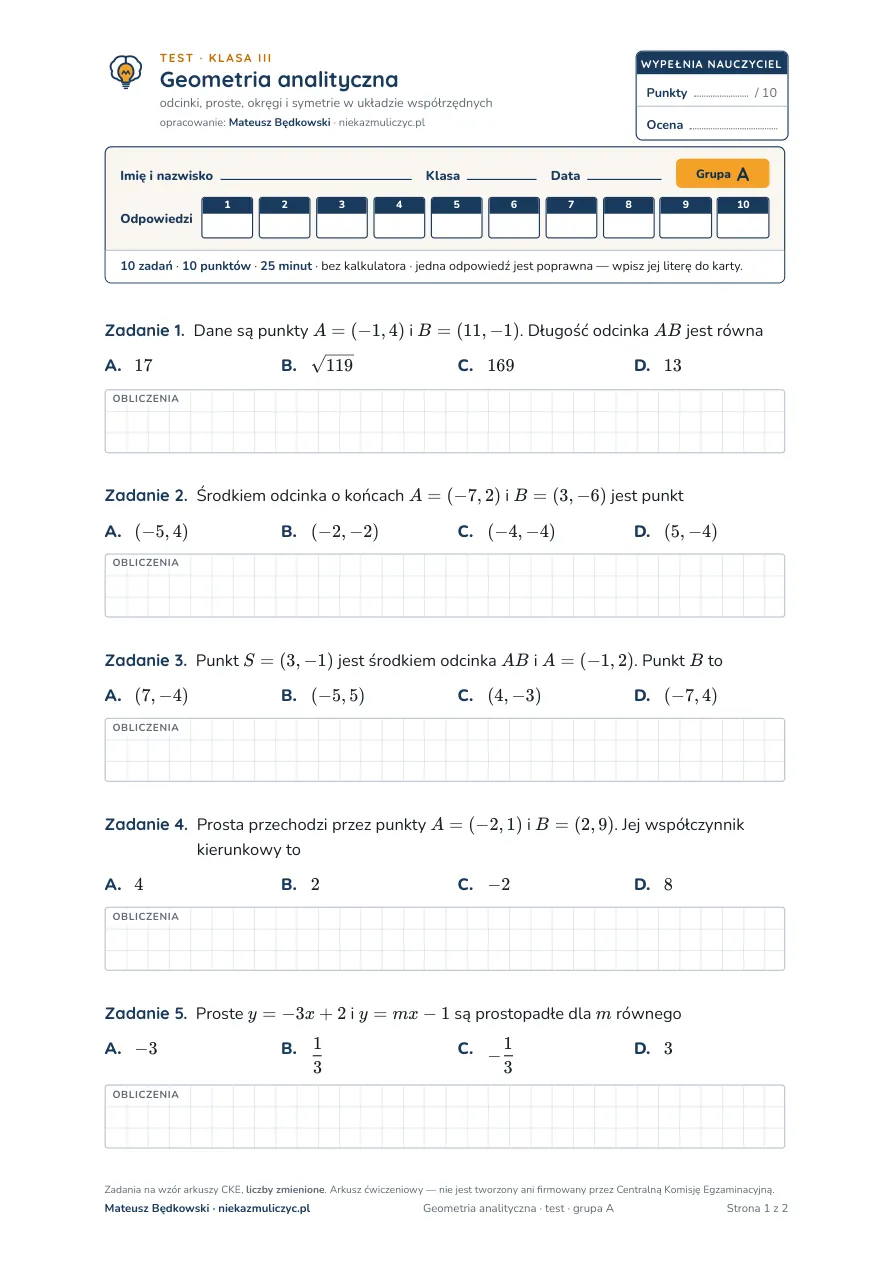 Geometria analityczna — test, liceum klasa 3 — pierwsza strona arkusza grupy A