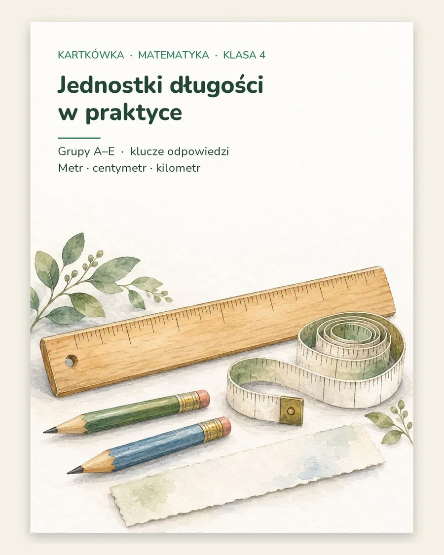 Jednostki długości — kartkówka z matematyki, klasa 4, grupy A–E — okładka