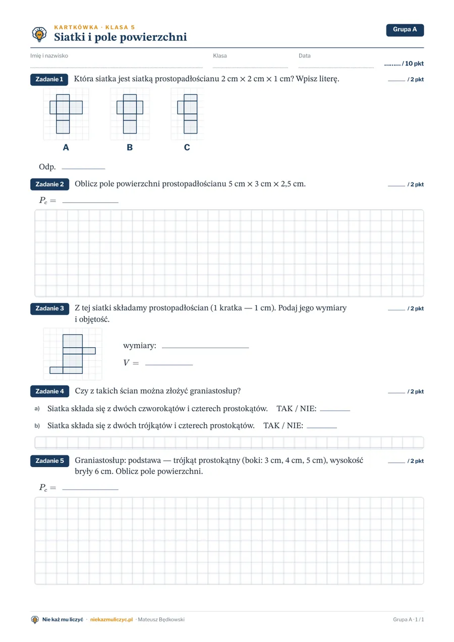 Siatki i pole powierzchni — kartkówka, klasa 5 — pierwsza strona arkusza grupy A