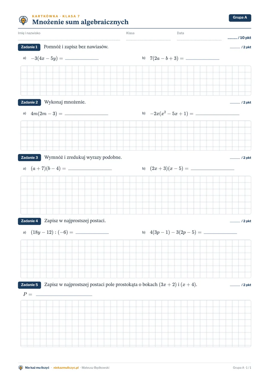Mnożenie sum algebraicznych — kartkówka, klasa 7 — pierwsza strona arkusza grupy A