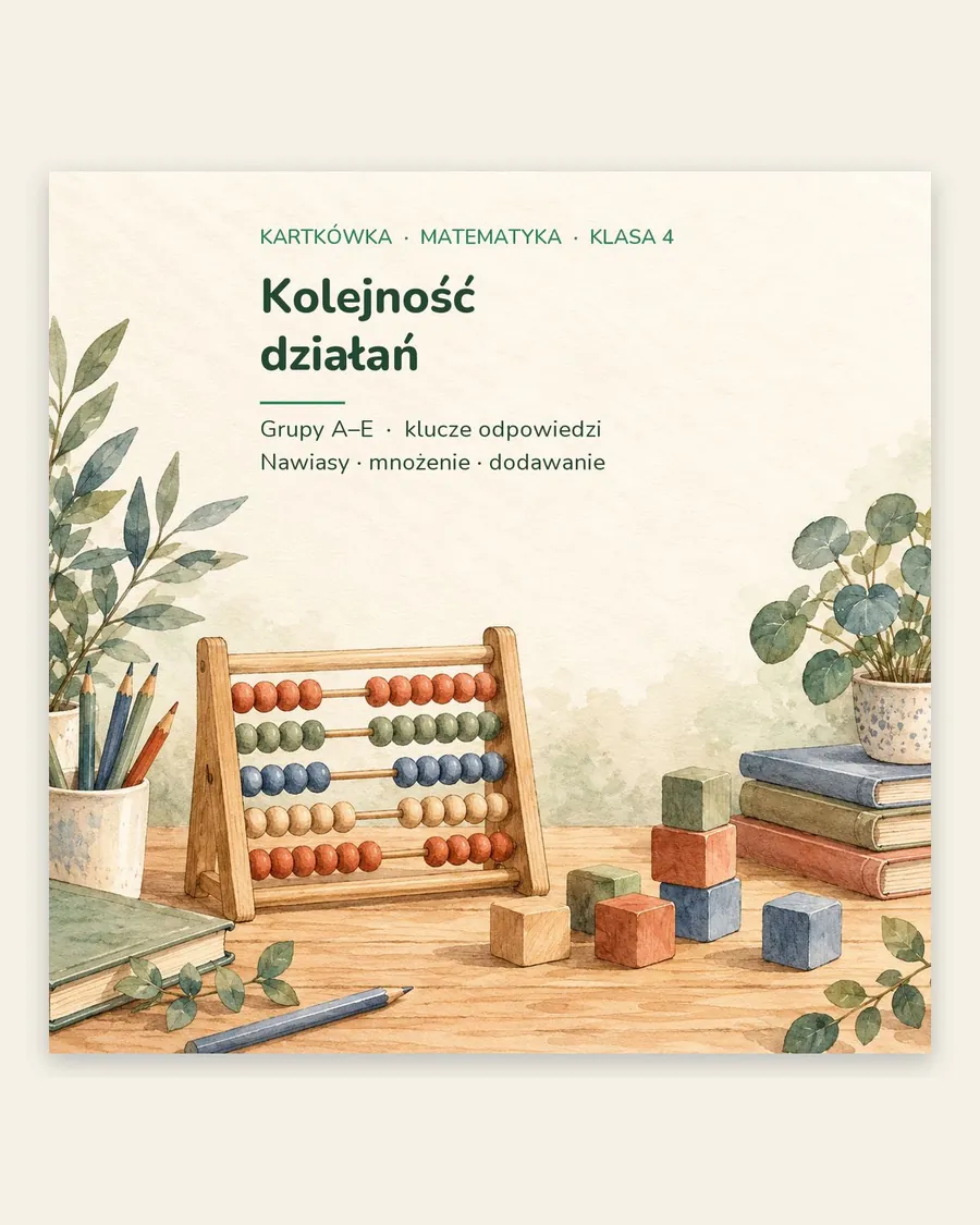 Kolejność działań — kartkówka z matematyki, klasa 4, grupy A–E — okładka