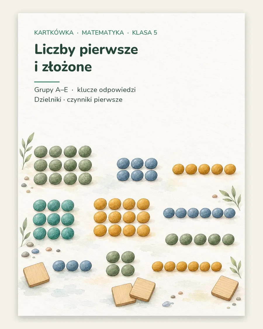 Liczby pierwsze i złożone — kartkówka z matematyki, klasa 5, grupy A–E — okładka