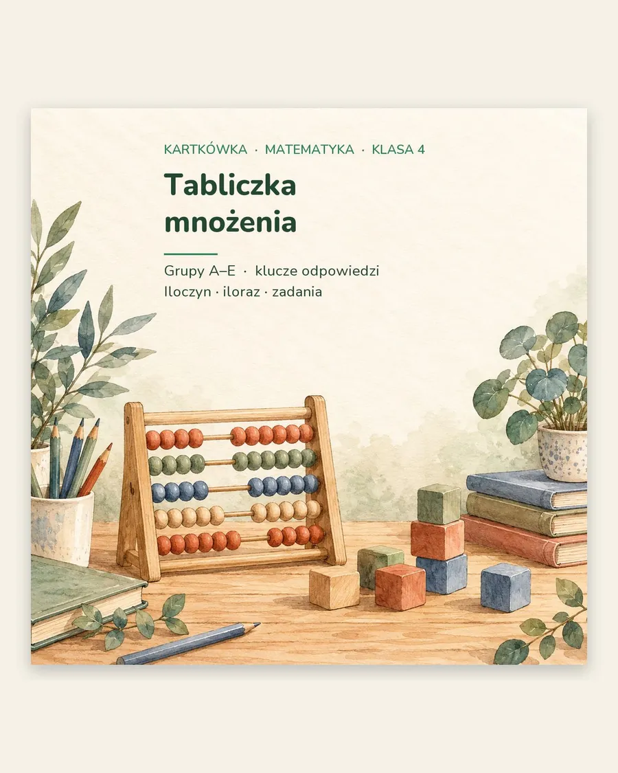 Tabliczka mnożenia — kartkówka z matematyki, klasa 4, grupy A–E — okładka