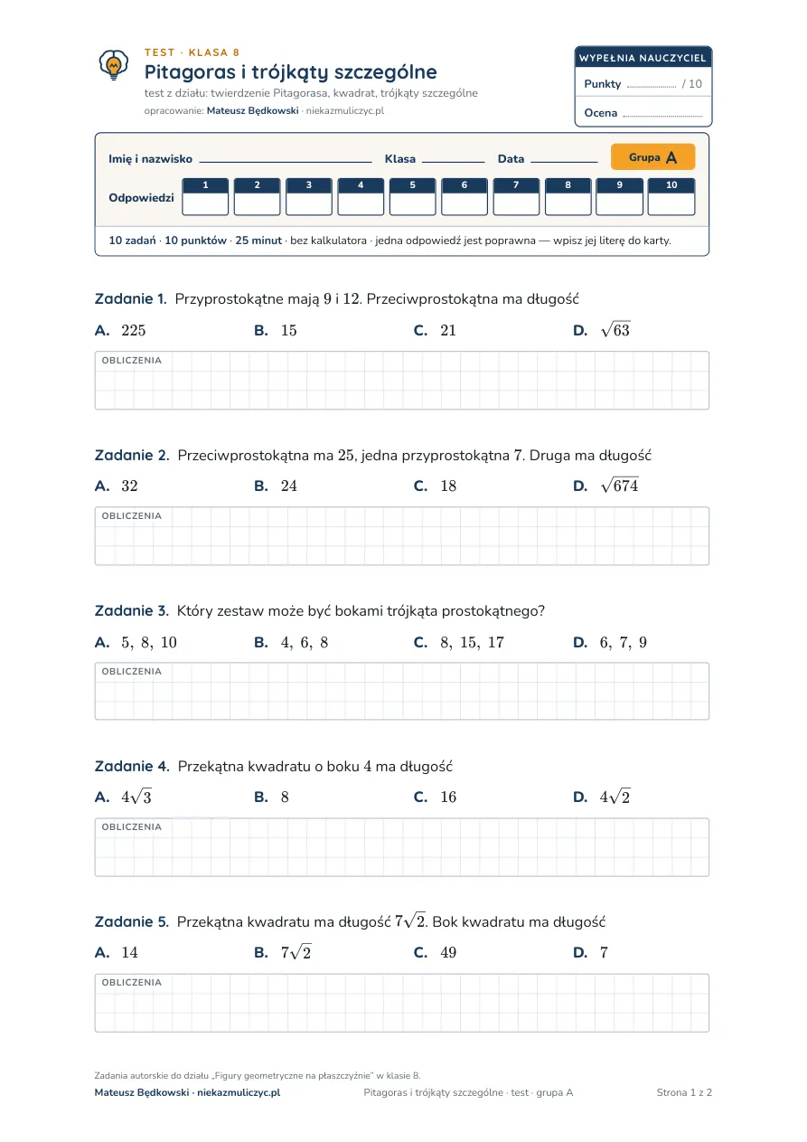 Pitagoras i trójkąty szczególne — test, klasa 8 — pierwsza strona arkusza grupy A