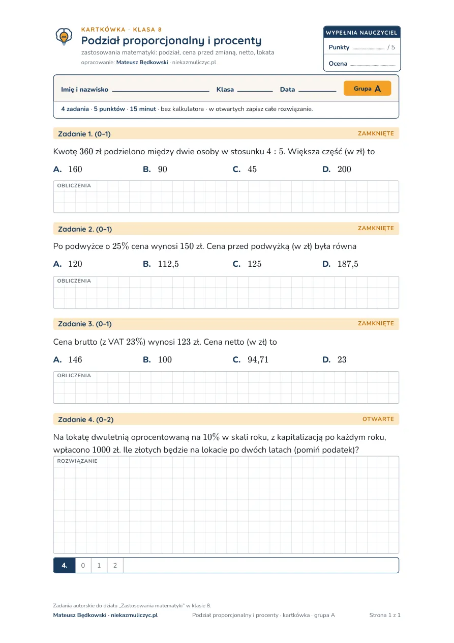 Podział proporcjonalny i procenty — kartkówka, klasa 8 — pierwsza strona arkusza grupy A