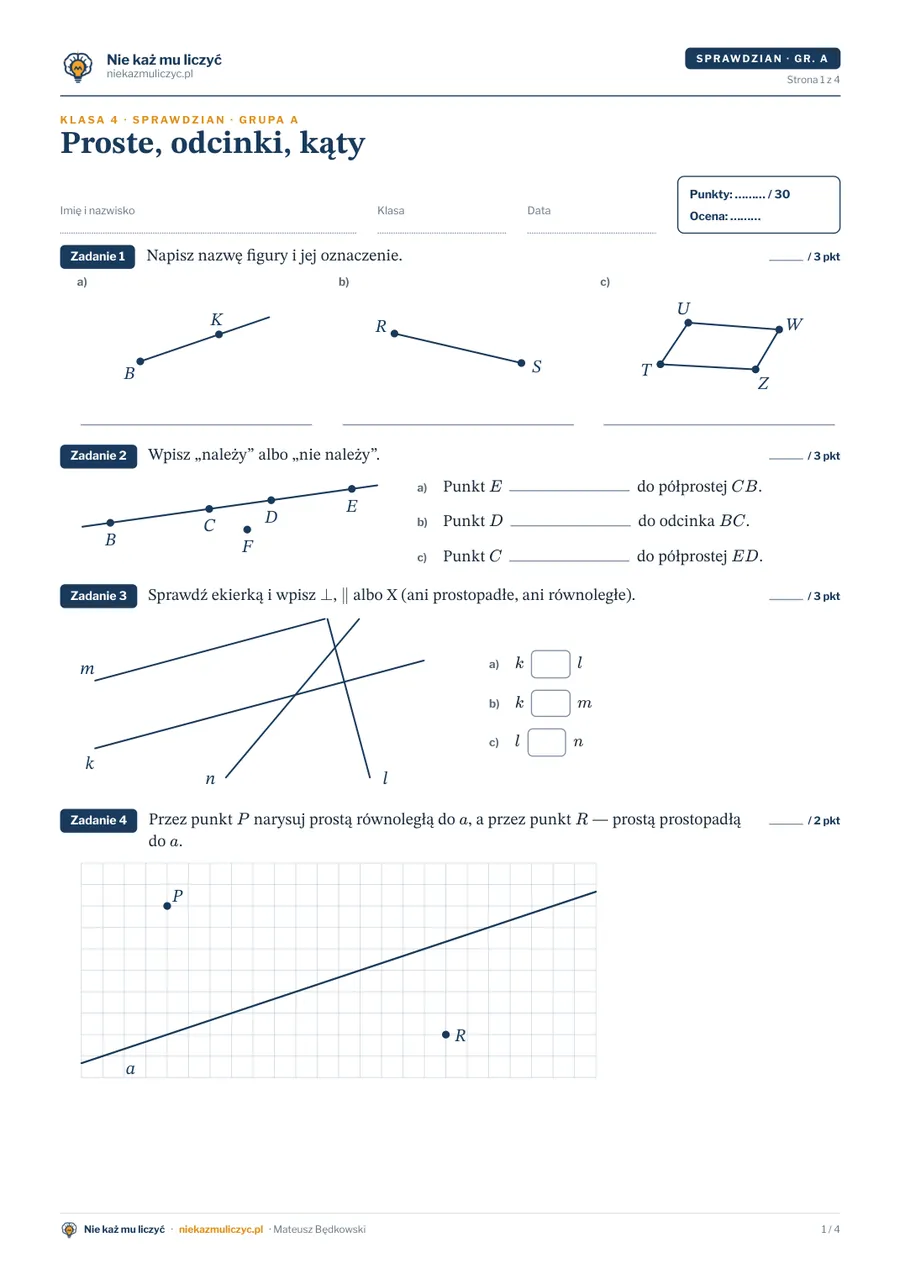 Proste, odcinki, kąty — sprawdzian, klasa 4 — pierwsza strona arkusza grupy A