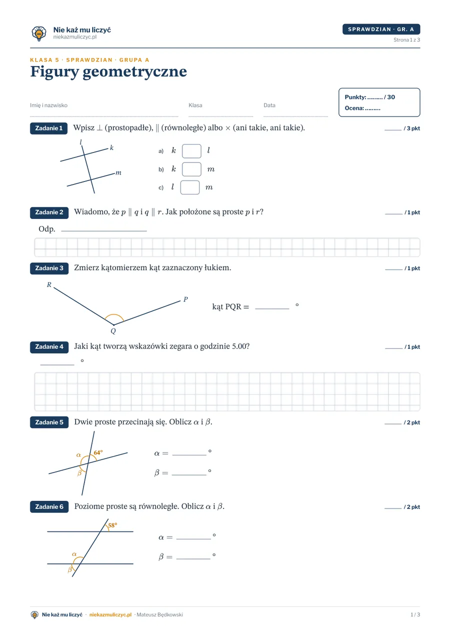 Figury geometryczne — sprawdzian, klasa 5 — pierwsza strona arkusza grupy A