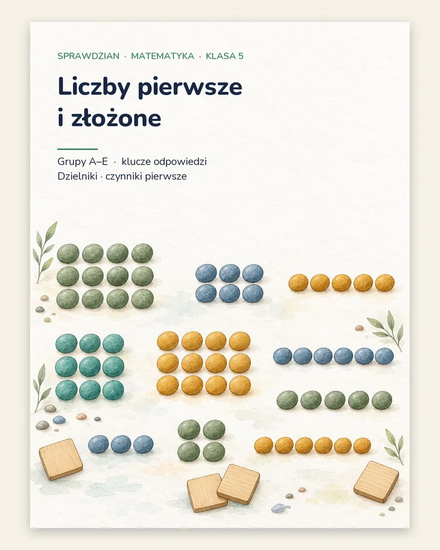 Liczby pierwsze i złożone — sprawdzian, klasa 5, grupy A–E — okładka